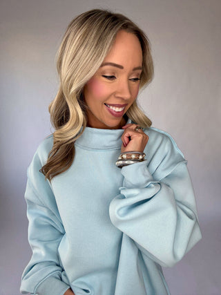 Cozy Hour Mock Neck Sweatshirt - Light Blue