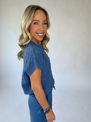 VARLEY Manae Pointelle Knit Top - Bijou Blue