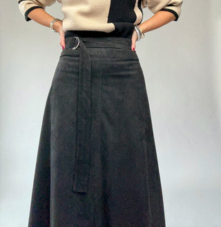 The Belted Statement Suede Skirt - Black