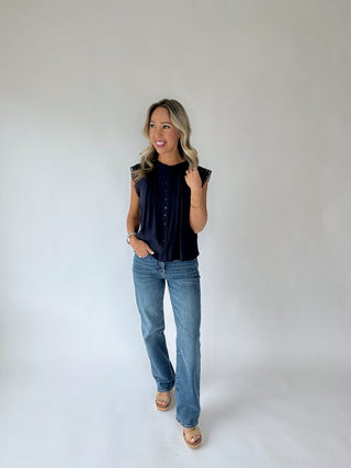 Pretty In Power Lace Sleeve Top - Navy