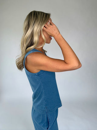 Flatter Me Button Down V-Neck Tank - Dark Denim