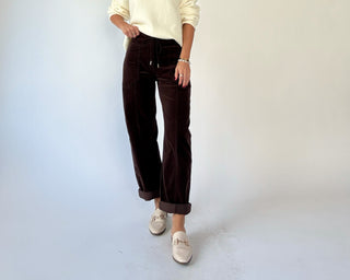 Villa Drawstring Barrel Leg Pants - Chocolate Corduroy
