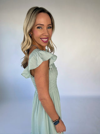 Warm Breeze Ruffle Sleeve Midi Dress - Mint