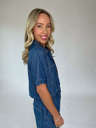Catch The Vibe Denim Top - Dark Wash