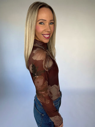 A Reason To Stay Mock Neck Mesh Top - Brown Floral