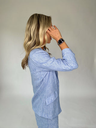 Timelessly True Ruched Sleeve Blazer - Chambray