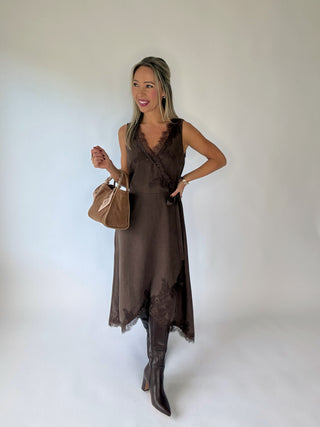 Irresistible Charm Lace Trim Midi Dress - Brown