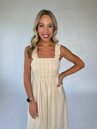 Take Me Away Smocked Midi Dress - Natural