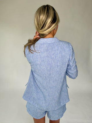 Timelessly True Ruched Sleeve Blazer - Chambray