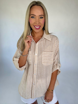 Natural Stripe Button Up Top