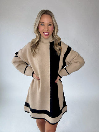 Refined Contrast Turtle Neck Sweater Dress