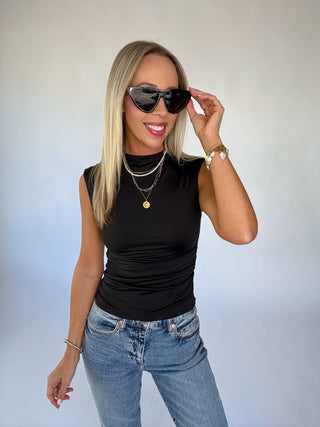 Second Skin Ruched Mock Neck Top - Black