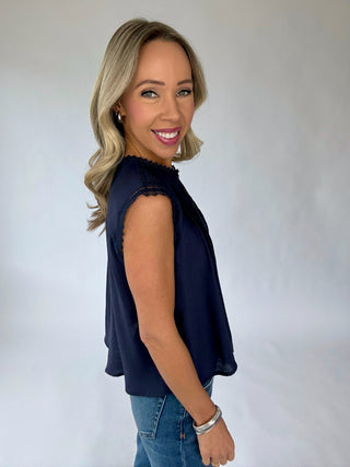Pretty In Power Lace Sleeve Top - Navy