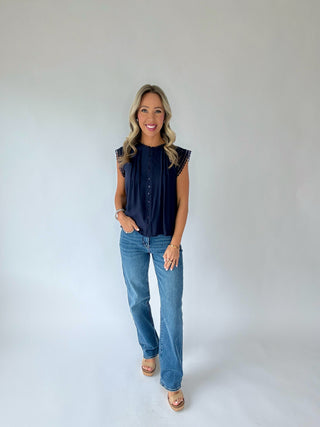 Pretty In Power Lace Sleeve Top - Navy