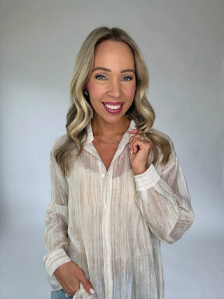 Make It Known Button Up Top - Sand Shimmer