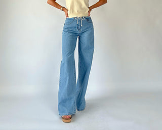 Madison Striped Mid Rise Wide Leg Jeans