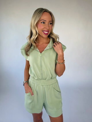 Casual Staple Zip Romper - Pistachio Cream