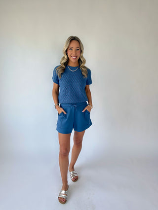 VARLEY Manae Pointelle Knit Top - Bijou Blue