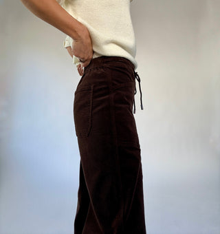 Villa Drawstring Barrel Leg Pants - Chocolate Corduroy