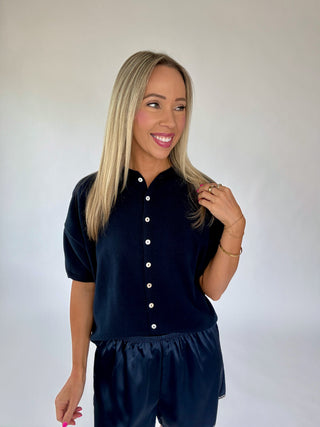 Simple And Sweet Short Sleeve Cardigan - Navy Blue