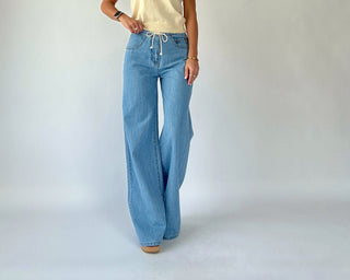Madison Striped Mid Rise Wide Leg Jeans