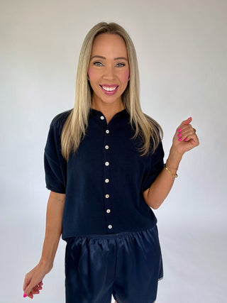 Simple And Sweet Short Sleeve Cardigan - Navy Blue