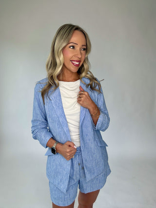 Timelessly True Ruched Sleeve Blazer - Chambray