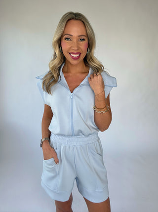 Casual Staple Zip Romper - Frost Blue