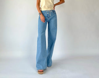 Madison Striped Mid Rise Wide Leg Jeans