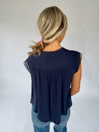 Pretty In Power Lace Sleeve Top - Navy