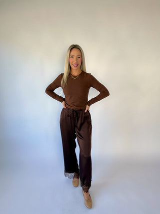Champagne Plans Satin & Lace Pants - Brown