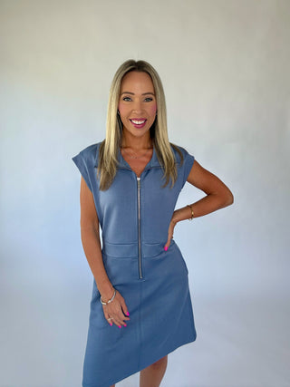 Ready For Anything Front Zip Mini Dress - Dusty Blue