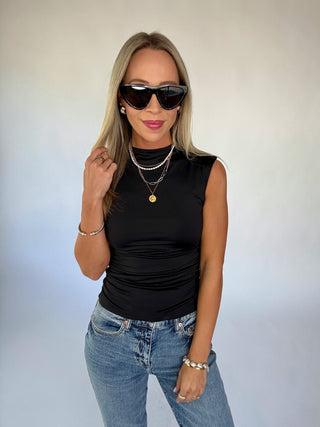 Second Skin Ruched Mock Neck Top - Black