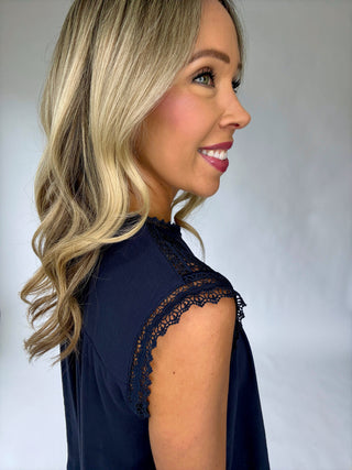 Pretty In Power Lace Sleeve Top - Navy