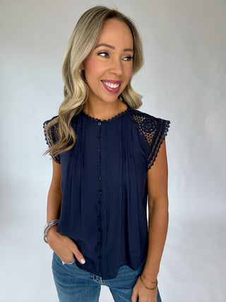 Pretty In Power Lace Sleeve Top - Navy
