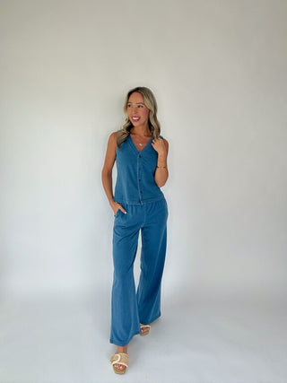 Flatter Me Button Down V-Neck Tank - Dark Denim