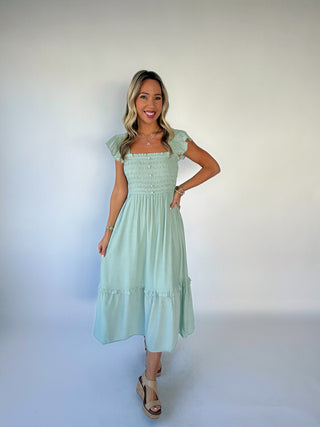 Warm Breeze Ruffle Sleeve Midi Dress - Mint