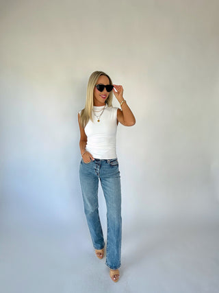 Second Skin Ruched Mock Neck Top - White