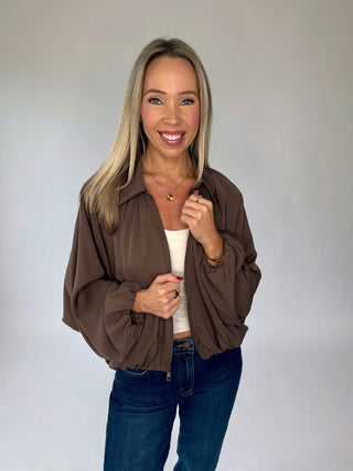 Touch of Distinction Bubble Hem Zip Up Jacket - Mocha