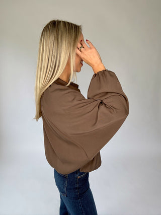 Touch of Distinction Bubble Hem Zip Up Jacket - Mocha