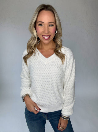 Café Comfort V-Neck Sweater - White
