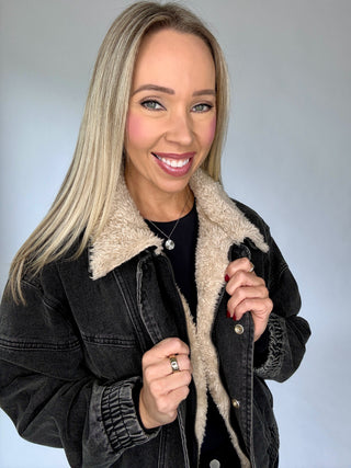Free For The Day Fur Collar Denim Jacket - Black