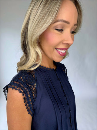 Pretty In Power Lace Sleeve Top - Navy