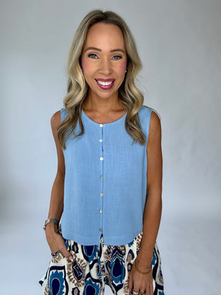 Poetic Charm Button Up Top - Dusty Blue