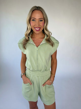 Casual Staple Zip Romper - Pistachio Cream