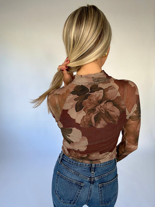 A Reason To Stay Mock Neck Mesh Top - Brown Floral