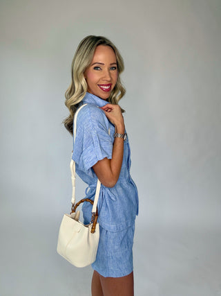 Timelessly True Cinched Waist Top - Chambray