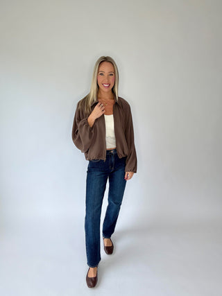 Touch of Distinction Bubble Hem Zip Up Jacket - Mocha