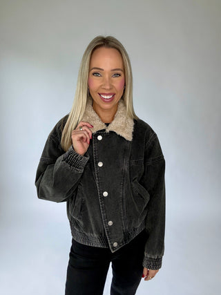 Free For The Day Fur Collar Denim Jacket - Black