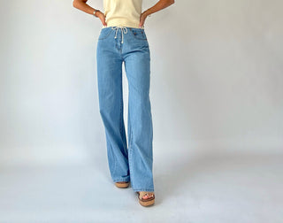 Madison Striped Mid Rise Wide Leg Jeans
